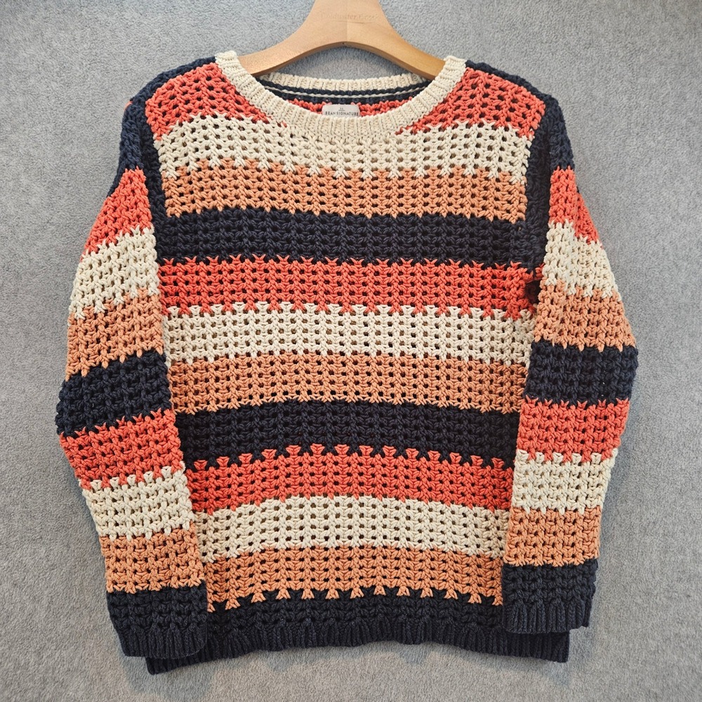 LL BEAN SIGNATURE Sweater Womens XS Multi Color Striped Crochet Knit Pullover